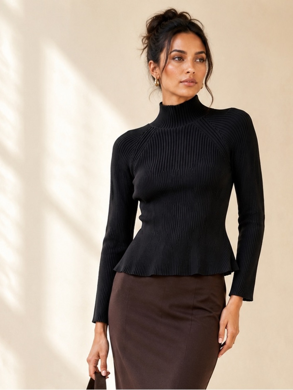 Carolina Herrera Sculptural Rib Knit Peplum Mock Neck Top Italy Size S